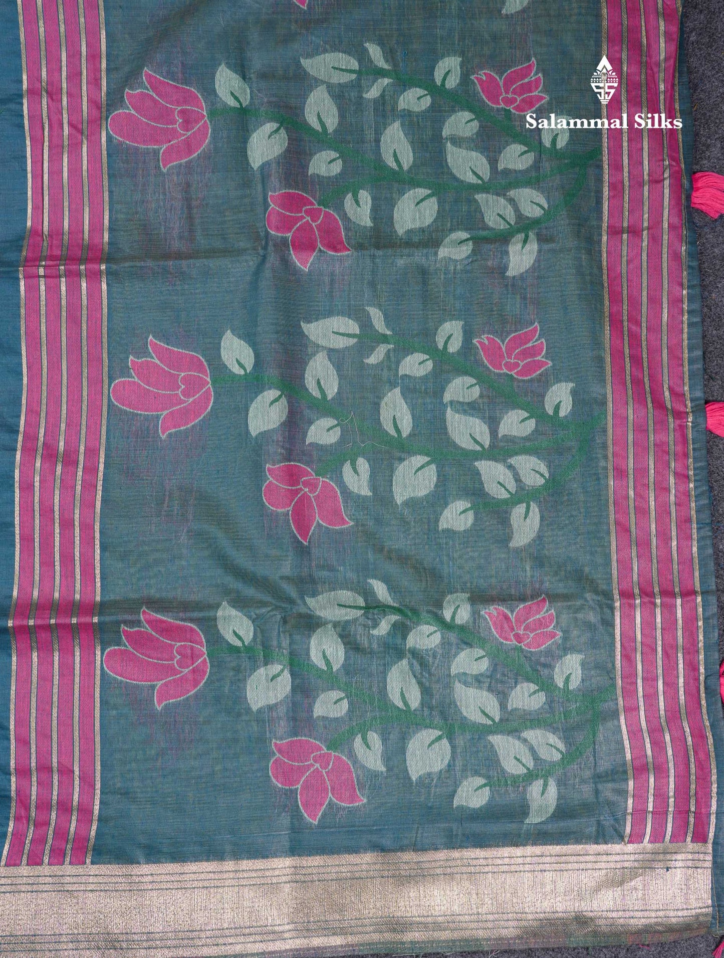 Beautiful Peach Menakari Work Thread Butta Muga Cotton Saree With Contrast Bottle Green Blouse