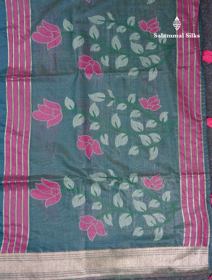 Beautiful Peach Menakari Work Thread Butta Muga Cotton Saree With Contrast Bottle Green Blouse