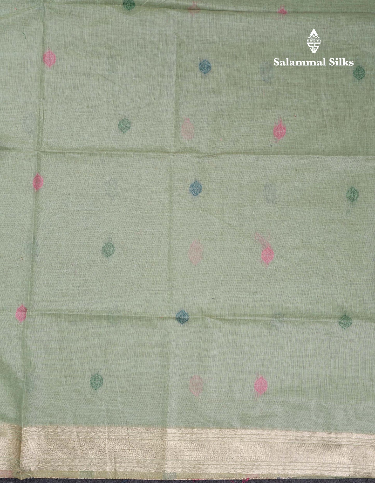 Beautiful Peach Menakari Work Thread Butta Muga Cotton Saree With Contrast Bottle Green Blouse