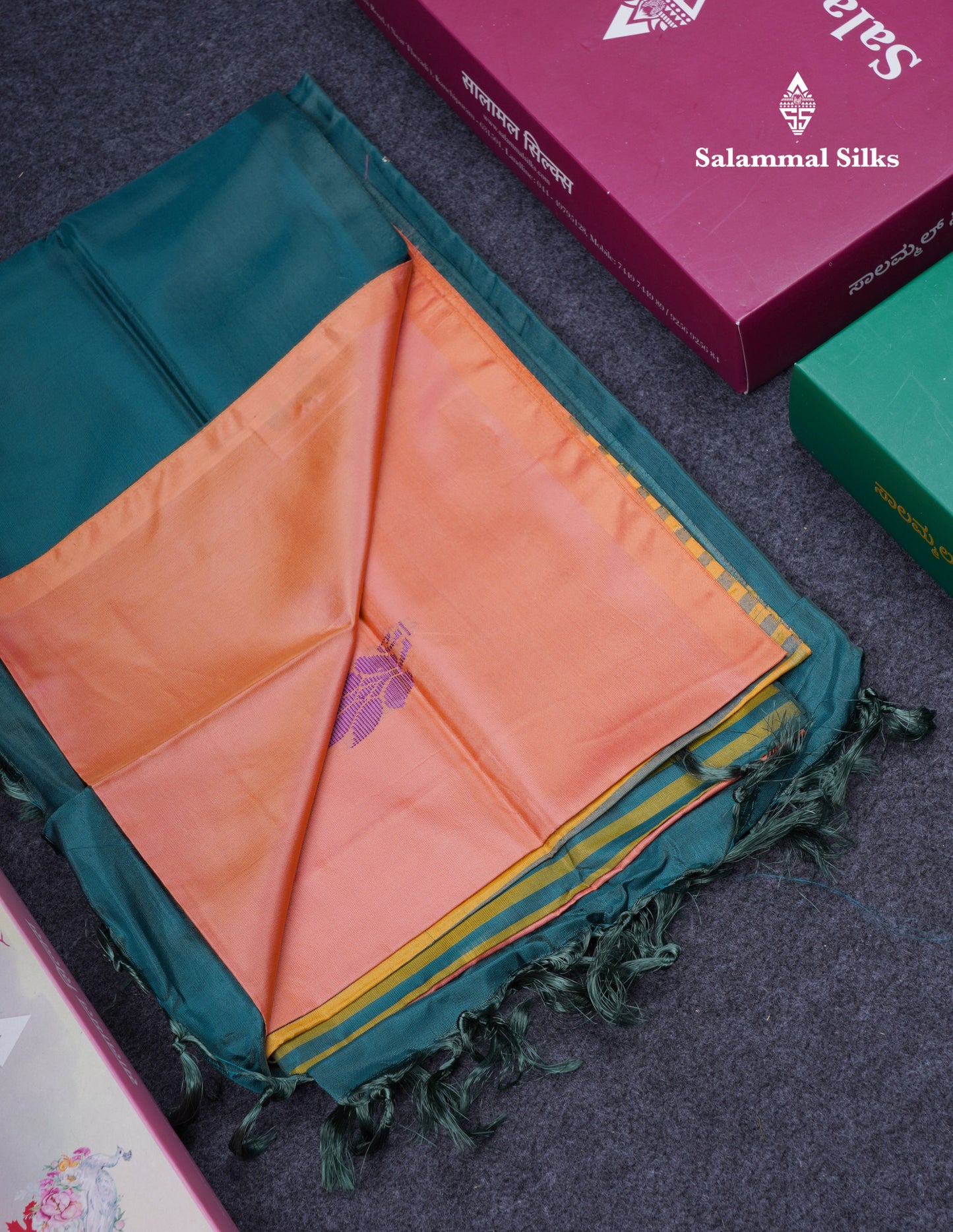 Peach Orange Thread work Buttas Banana Pinth Saree (Vaazhainaar Pattu) With Contrast Peacock Green Blouse