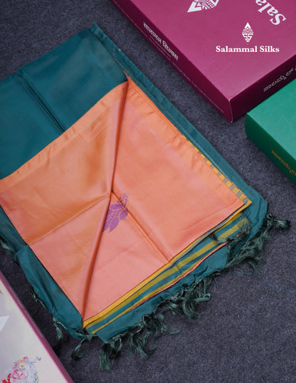 Peach Orange Thread work Buttas Banana Pinth Saree (Vaazhainaar Pattu) With Contrast Peacock Green Blouse
