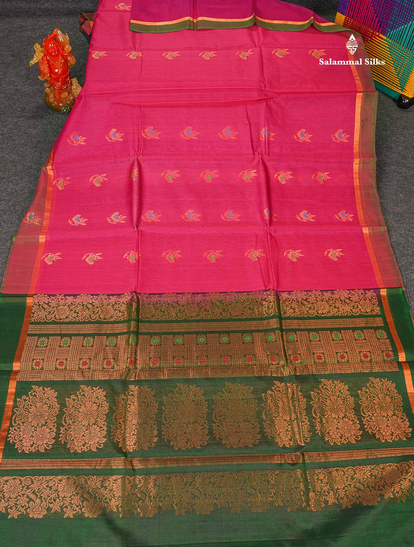 SICO Cotton Saree - Rani Pink Colour Body Zari Butta With Green Blouse