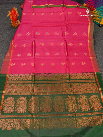 SICO Cotton Saree - Rani Pink Colour Body Zari Butta With Green Blouse