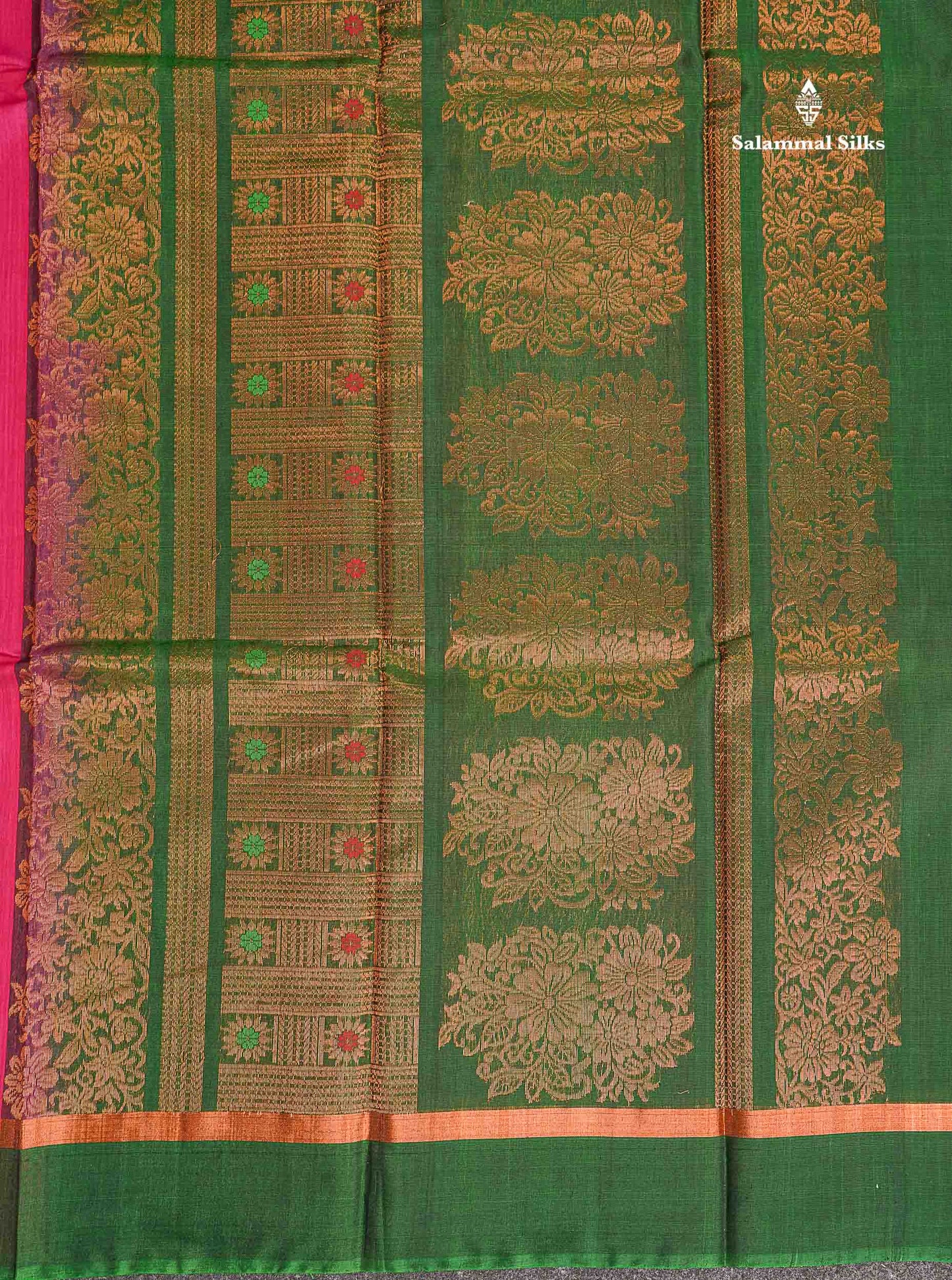 SICO Cotton Saree - Rani Pink Colour Body Zari Butta With Green Blouse