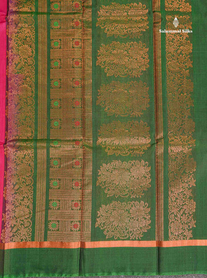 SICO Cotton Saree - Rani Pink Colour Body Zari Butta With Green Blouse