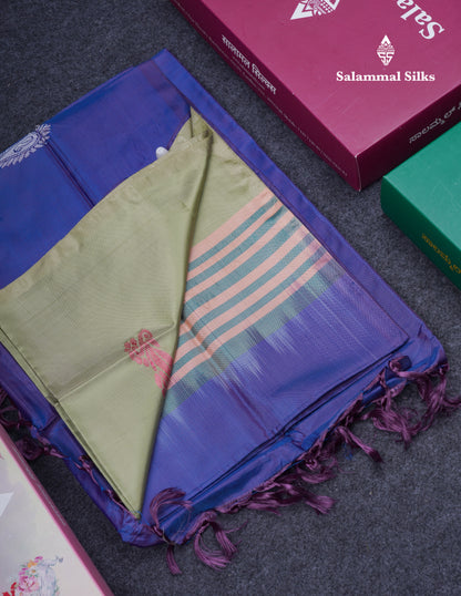 Light Pista Green Thread work Buttas Banana Pinth Saree (Vaazhainaar Pattu) With Contrast Violet Blouse