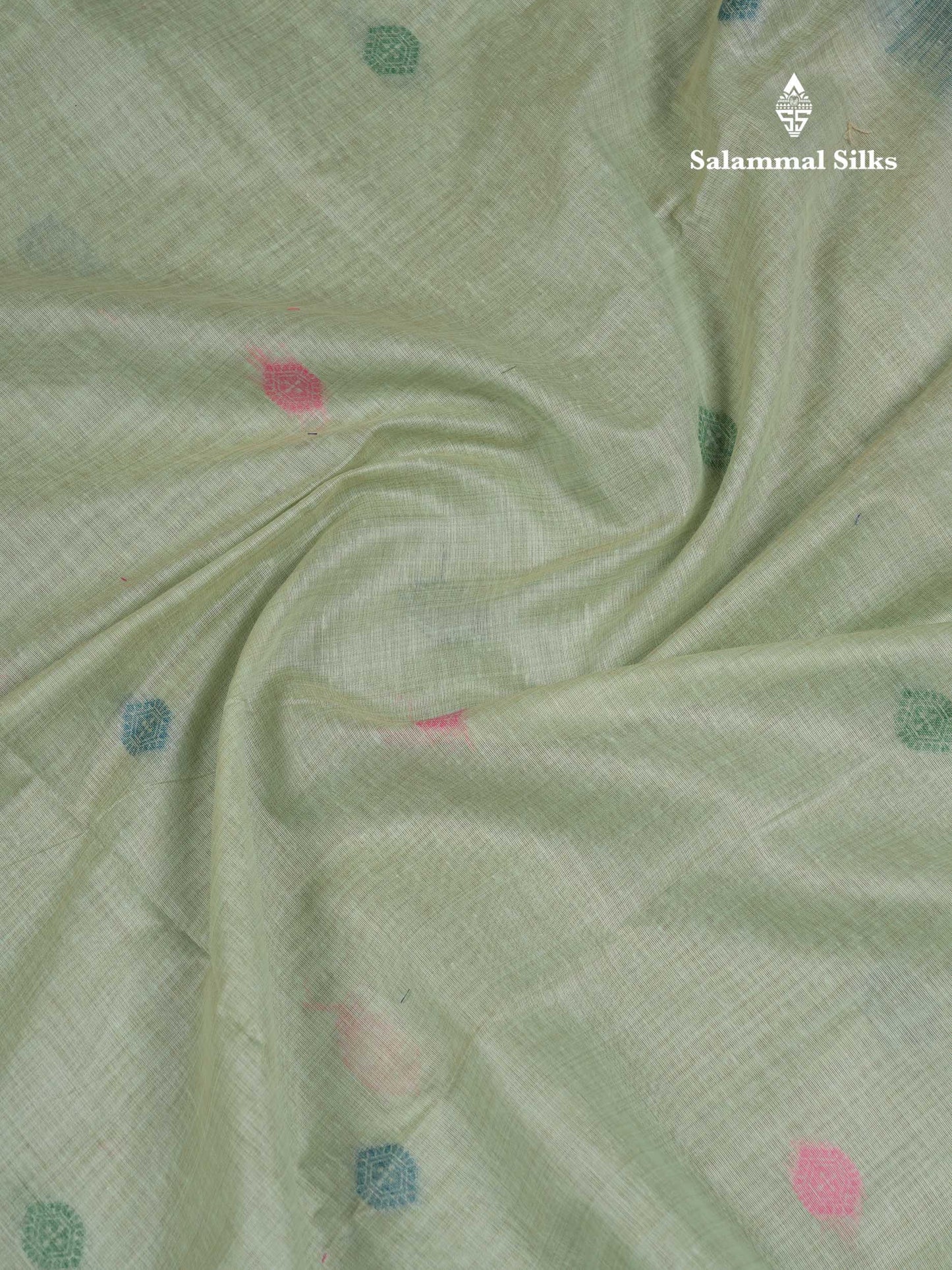 Beautiful Peach Menakari Work Thread Butta Muga Cotton Saree With Contrast Bottle Green Blouse