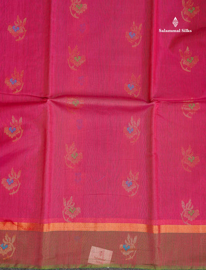 SICO Cotton Saree - Rani Pink Colour Body Zari Butta With Green Blouse