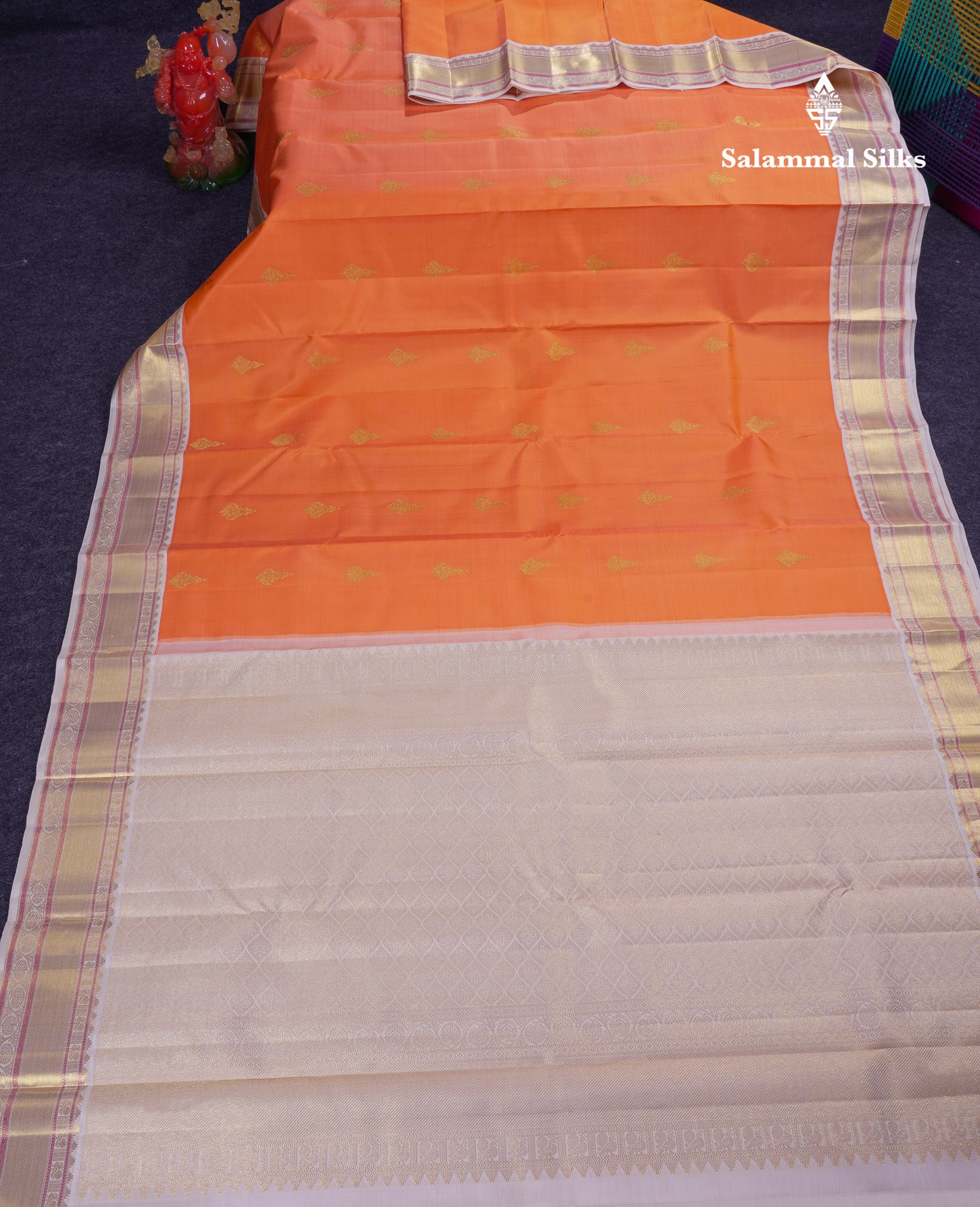 Korvai Beautiful Orange Pure Kanjivaram Silk Saree With Contrast Cream White Traditional Medium Border