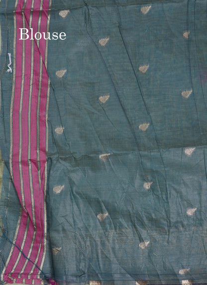 Beautiful Peach Menakari Work Thread Butta Muga Cotton Saree With Contrast Bottle Green Blouse