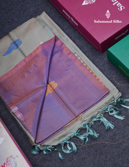Dual Tone Purple Thread work Buttas Banana Pinth Saree (Vaazhainaar Pattu) With Contrast Light Grey Blouse