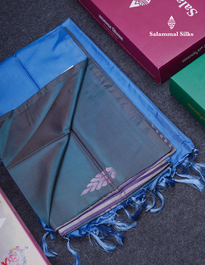 Dual Tone Blue Thread work Buttas Banana Pinth Saree (Vaazhainaar Pattu) With Contrast Blue Blouse