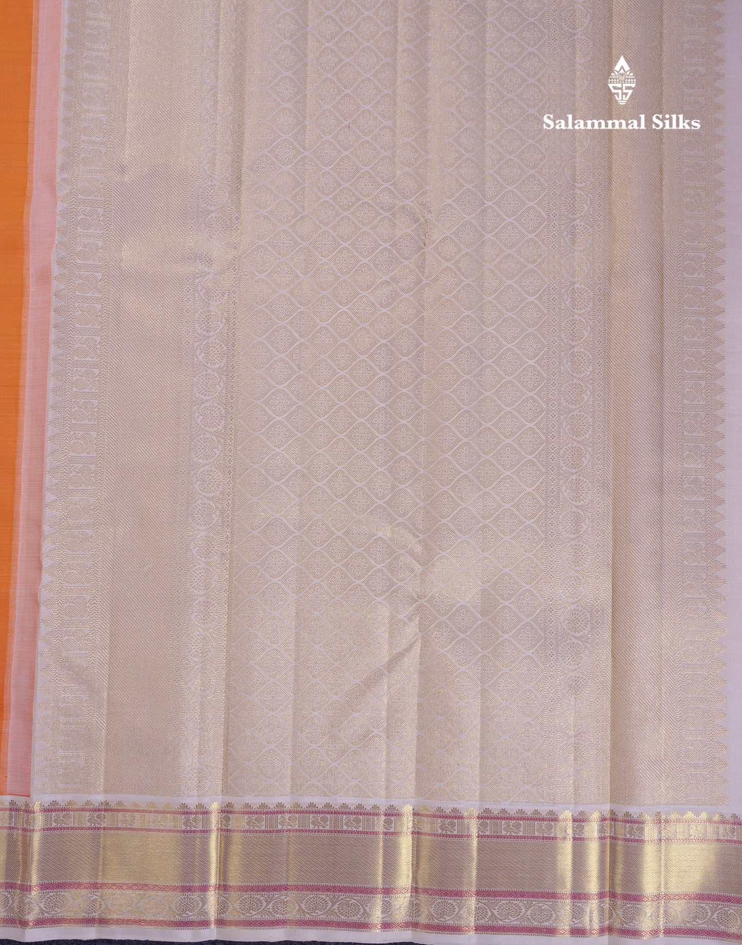 Korvai Beautiful Orange Pure Kanjivaram Silk Saree With Contrast Cream White Traditional Medium Border