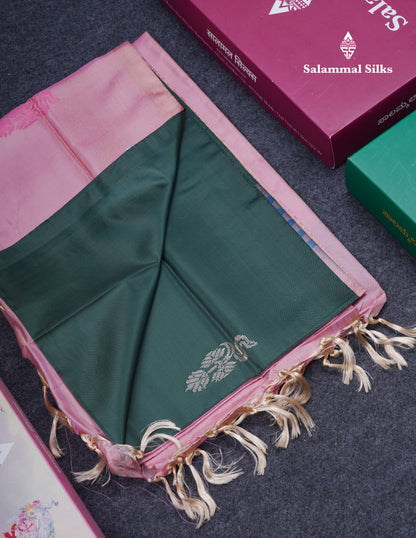 Bottle Green Thread work Buttas Banana Pinth Saree (Vaazhainaar Pattu) With Contrast Baby Pink Blouse