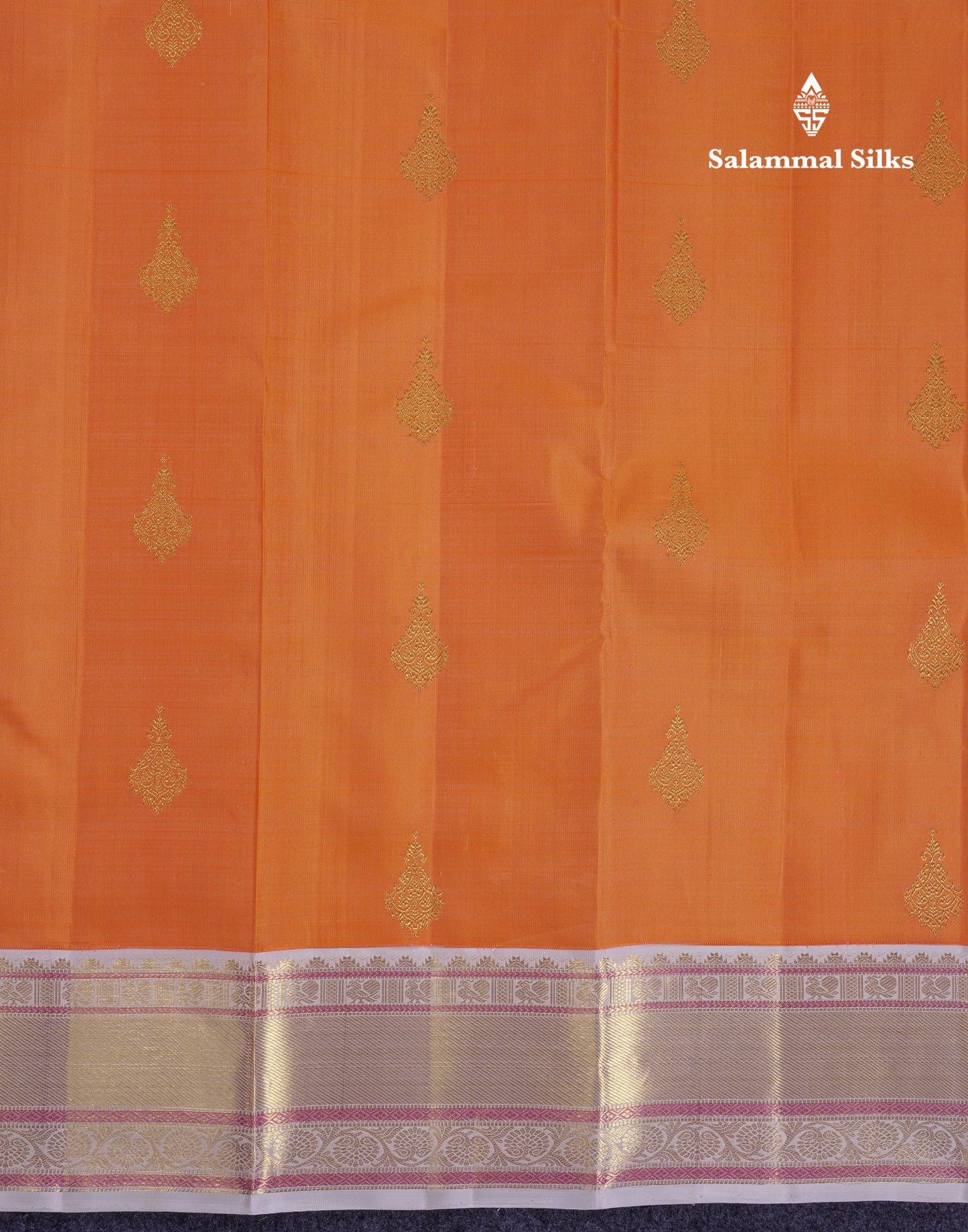 Korvai Beautiful Orange Pure Kanjivaram Silk Saree With Contrast Cream White Traditional Medium Border