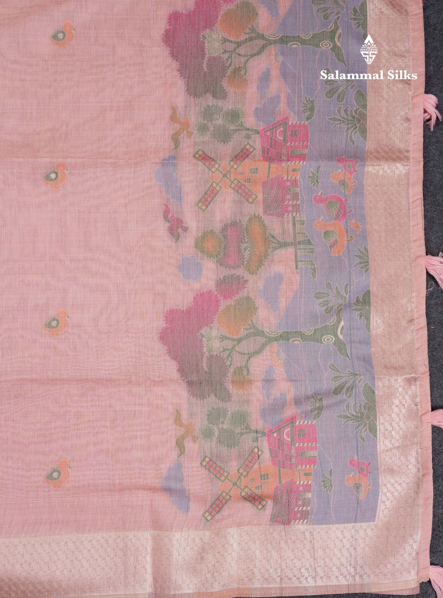 Beautiful Peach Menakari Work Thread Butta Muga Cotton Saree With Contrast Pink Blouse