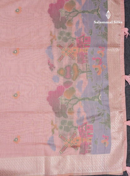 Beautiful Peach Menakari Work Thread Butta Muga Cotton Saree With Contrast Pink Blouse