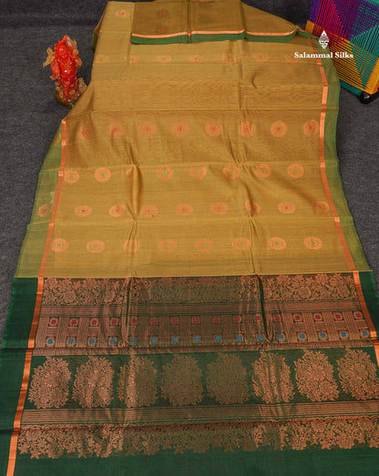 SICO Cotton Saree - Dual Tone Mahandi Green Colour Body Zari Butta With Bottle Green Blouse