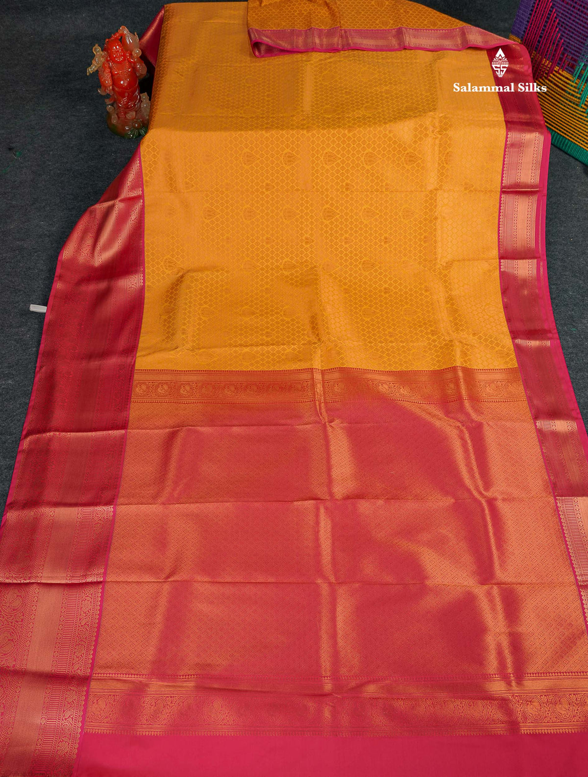 Semi Silk Saree - Mustard Yellow Colour Body With Contrast Pink Evening Morning Border 