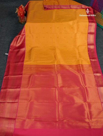 Semi Silk Saree - Mustard Yellow Colour Body With Contrast Pink Evening Morning Border 