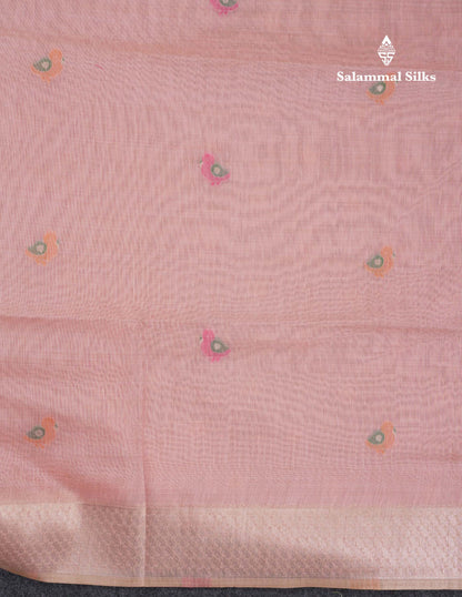 Beautiful Peach Menakari Work Thread Butta Muga Cotton Saree With Contrast Pink Blouse