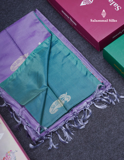 Ice Blue Thread work Buttas Banana Pinth Saree (Vaazhainaar Pattu) With Contrast Lavender Blouse