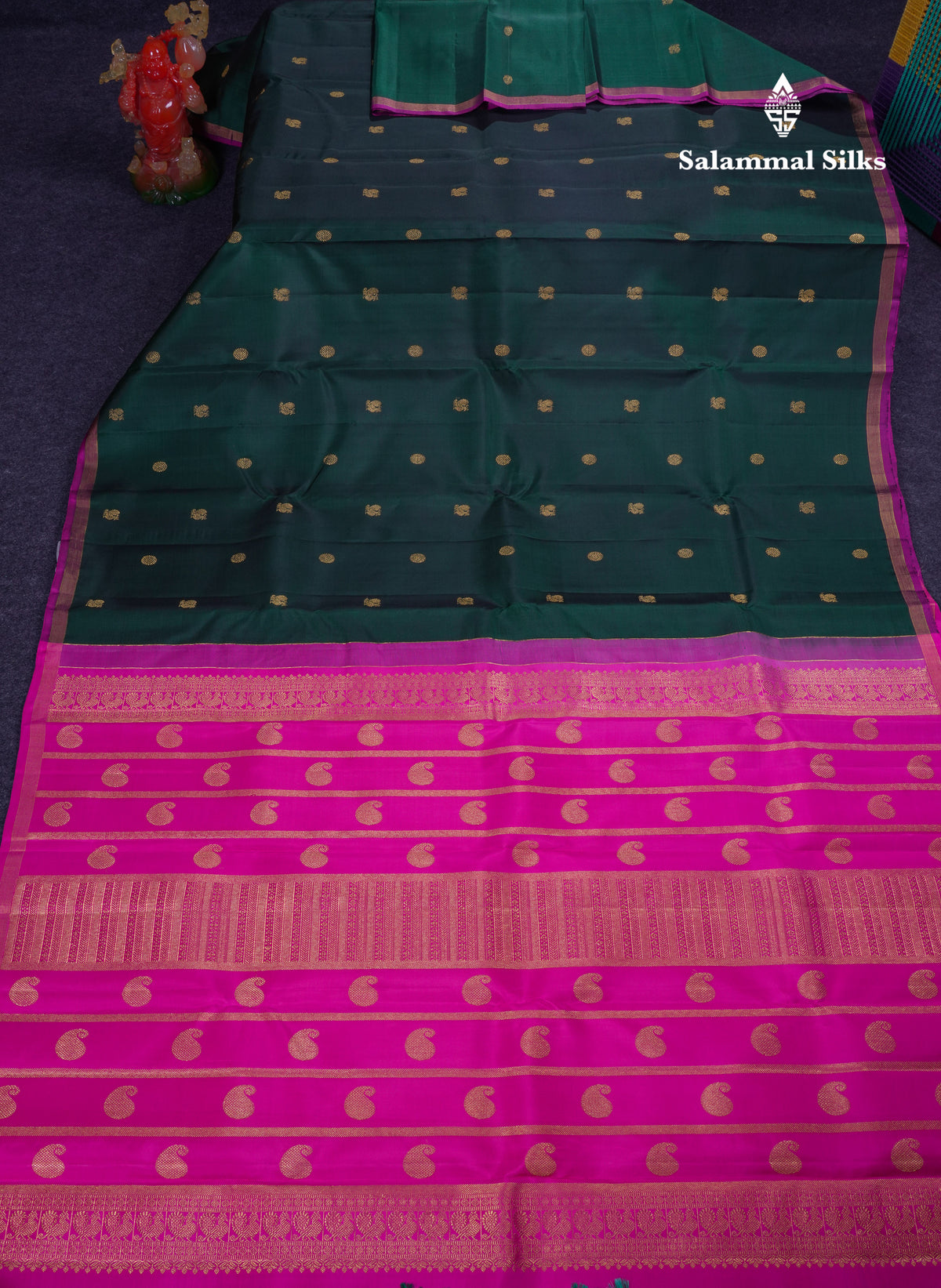 Beautiful Bottle Green Pure Kanjivaram Silk Saree With Contrast Magenta Pink Blouse