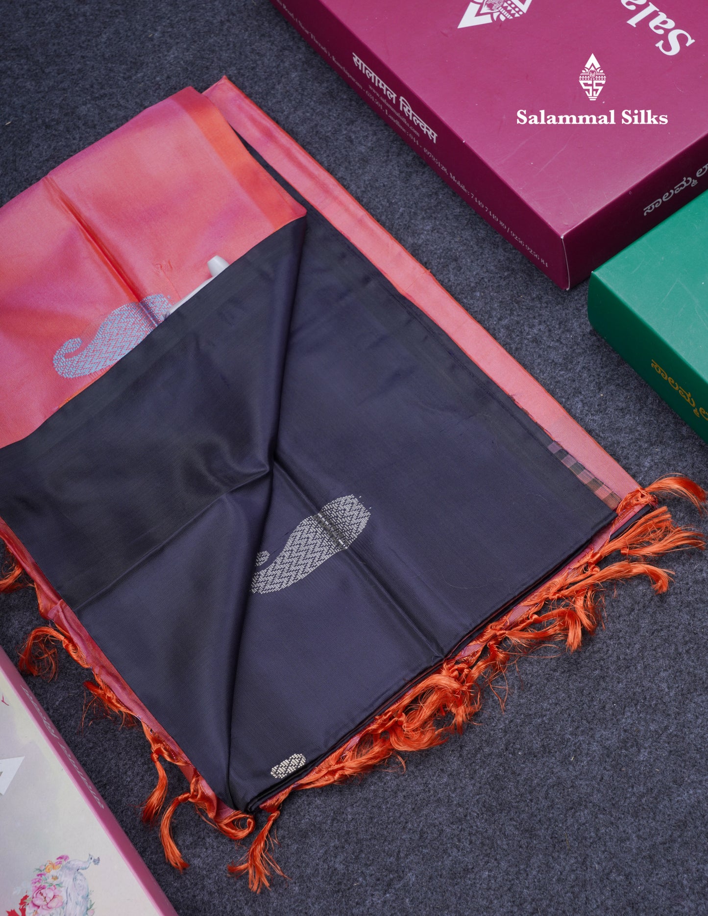 Dark Navy Blue Thread work Buttas Banana Pinth Saree (Vaazhainaar Pattu) With Contrast Piniish Orange Blouse
