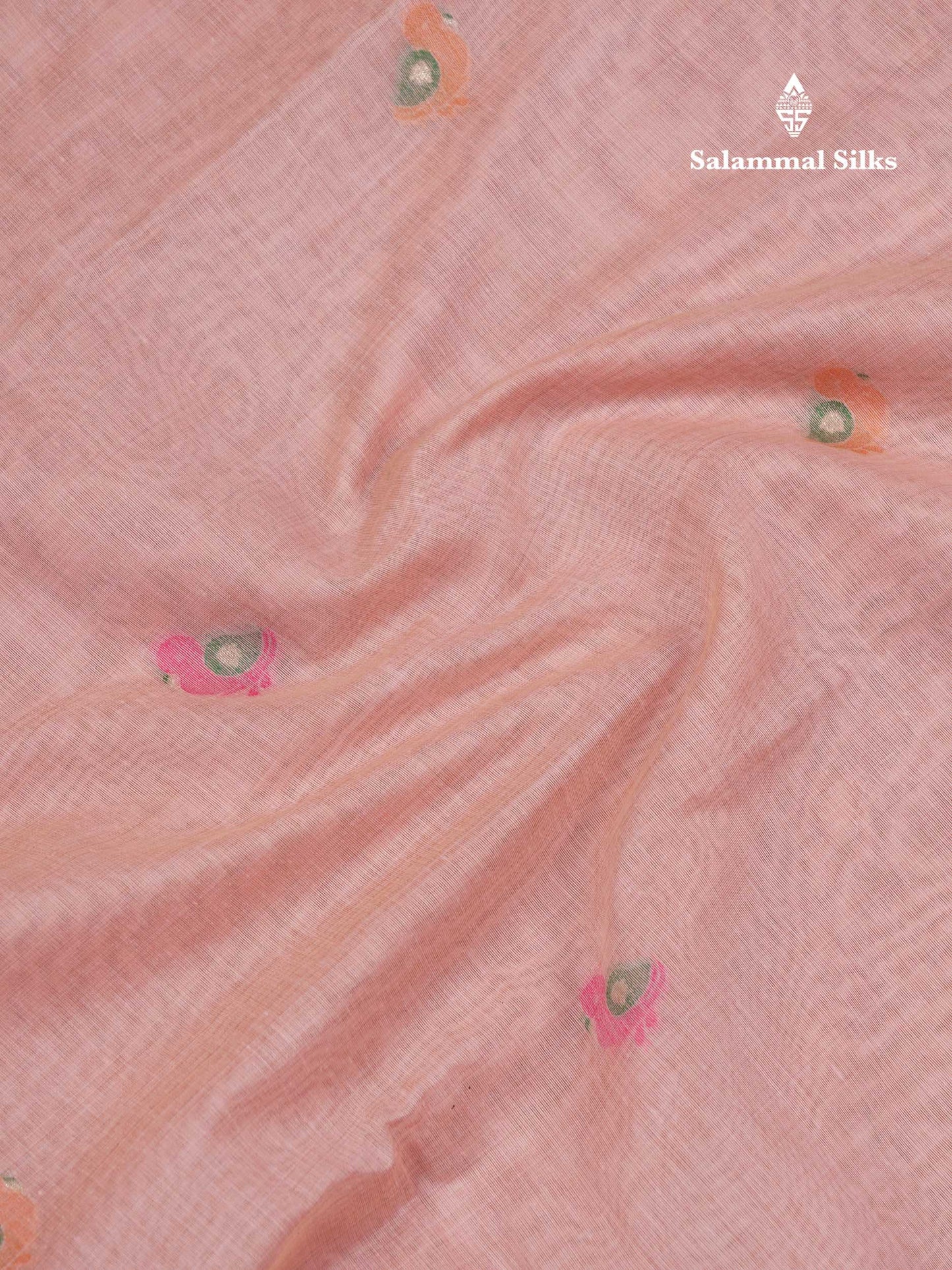 Beautiful Peach Menakari Work Thread Butta Muga Cotton Saree With Contrast Pink Blouse