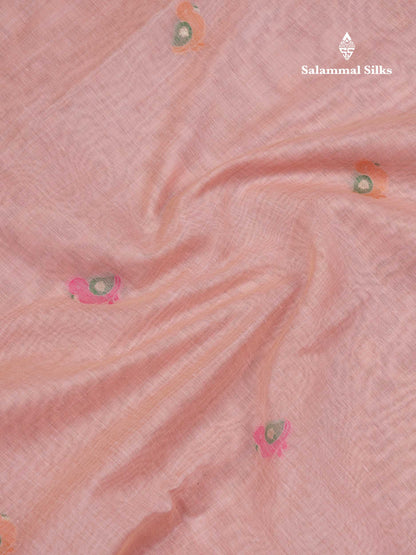 Beautiful Peach Menakari Work Thread Butta Muga Cotton Saree With Contrast Pink Blouse