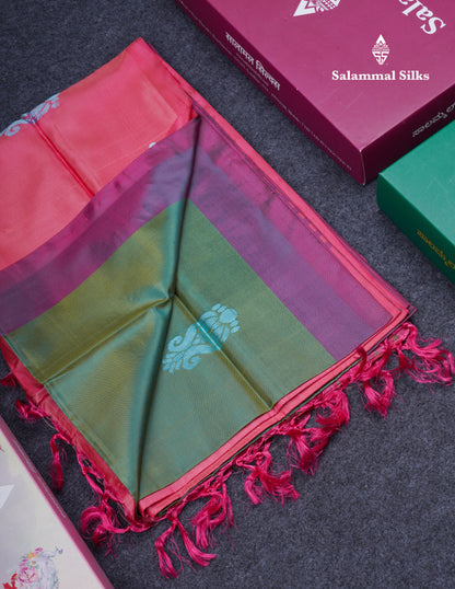 Dual Tone Blue Thread work Buttas Banana Pinth Saree (Vaazhainaar Pattu) With Contrast Pink Blouse