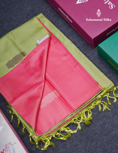 Pink Thread work Buttas Banana Pinth Saree (Vaazhainaar Pattu) With Contrast Parrot Green Blouse