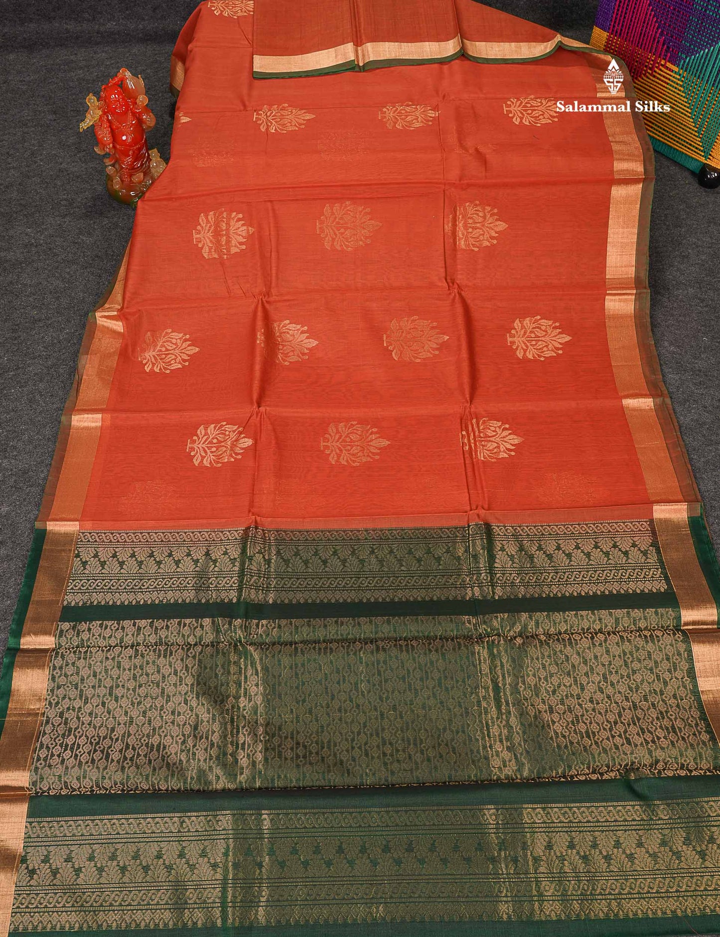 SICO Cotton Saree - Peach Colour Body Zari Butta With Bottle Green Blouse