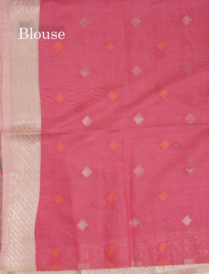 Beautiful Peach Menakari Work Thread Butta Muga Cotton Saree With Contrast Pink Blouse