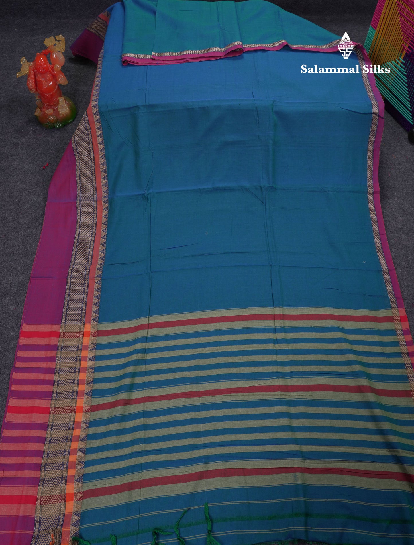 Beautiful Dual Tone Peacock Blue Plain Pure Cotton Saree With Contrast Magenta Traditional Evening Morning Border