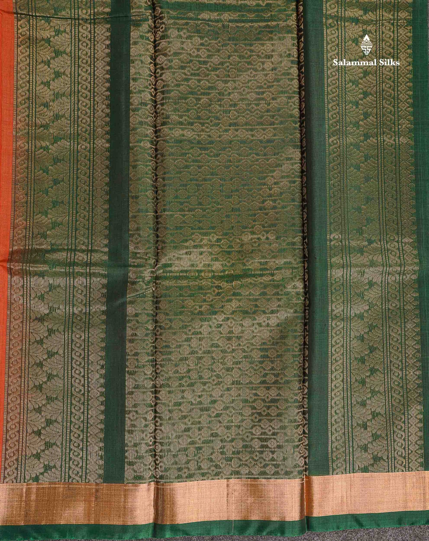 SICO Cotton Saree - Peach Colour Body Zari Butta With Bottle Green Blouse
