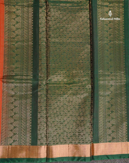 SICO Cotton Saree - Peach Colour Body Zari Butta With Bottle Green Blouse