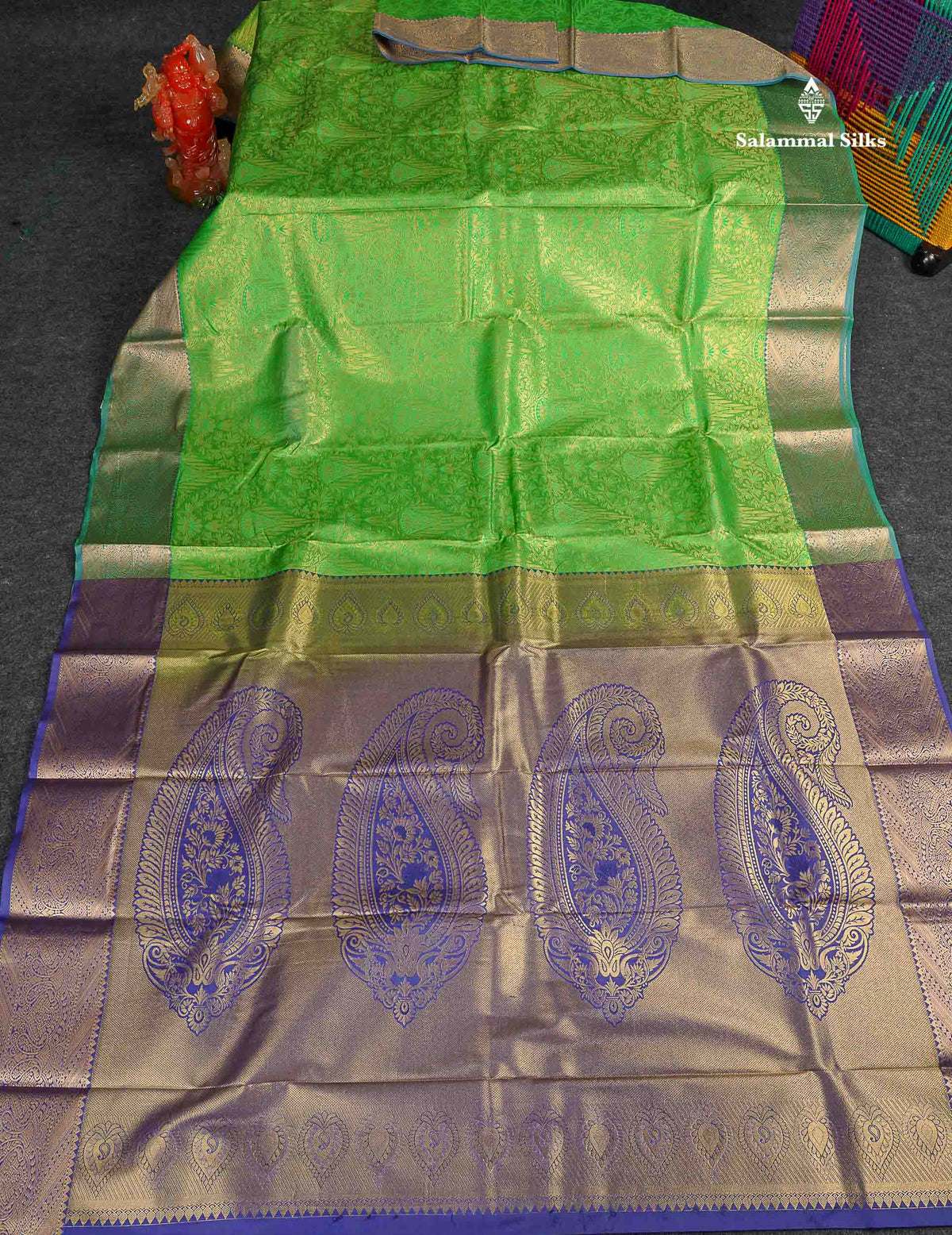 Semi Silk Saree - Green Colour Body With Contrast Dual Tone Navy Blue Blouse