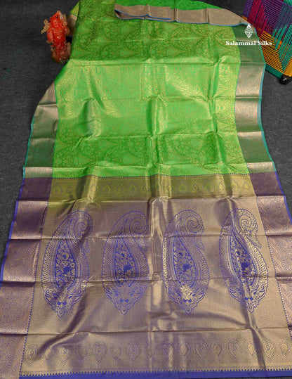 Semi Silk Saree - Green Colour Body With Contrast Dual Tone Navy Blue Blouse