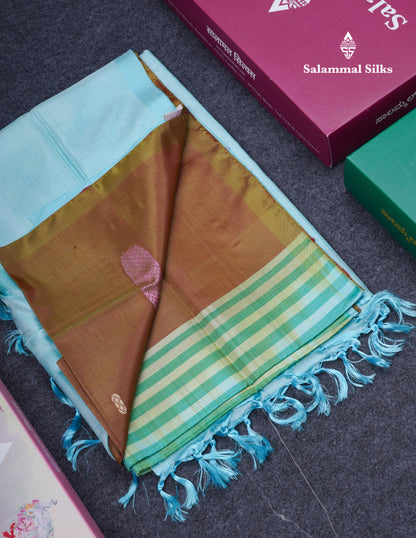 Olive Mustard Yellow Thread work Buttas Banana Pinth Saree (Vaazhainaar Pattu) With Contrast Pastel Blue Blouse