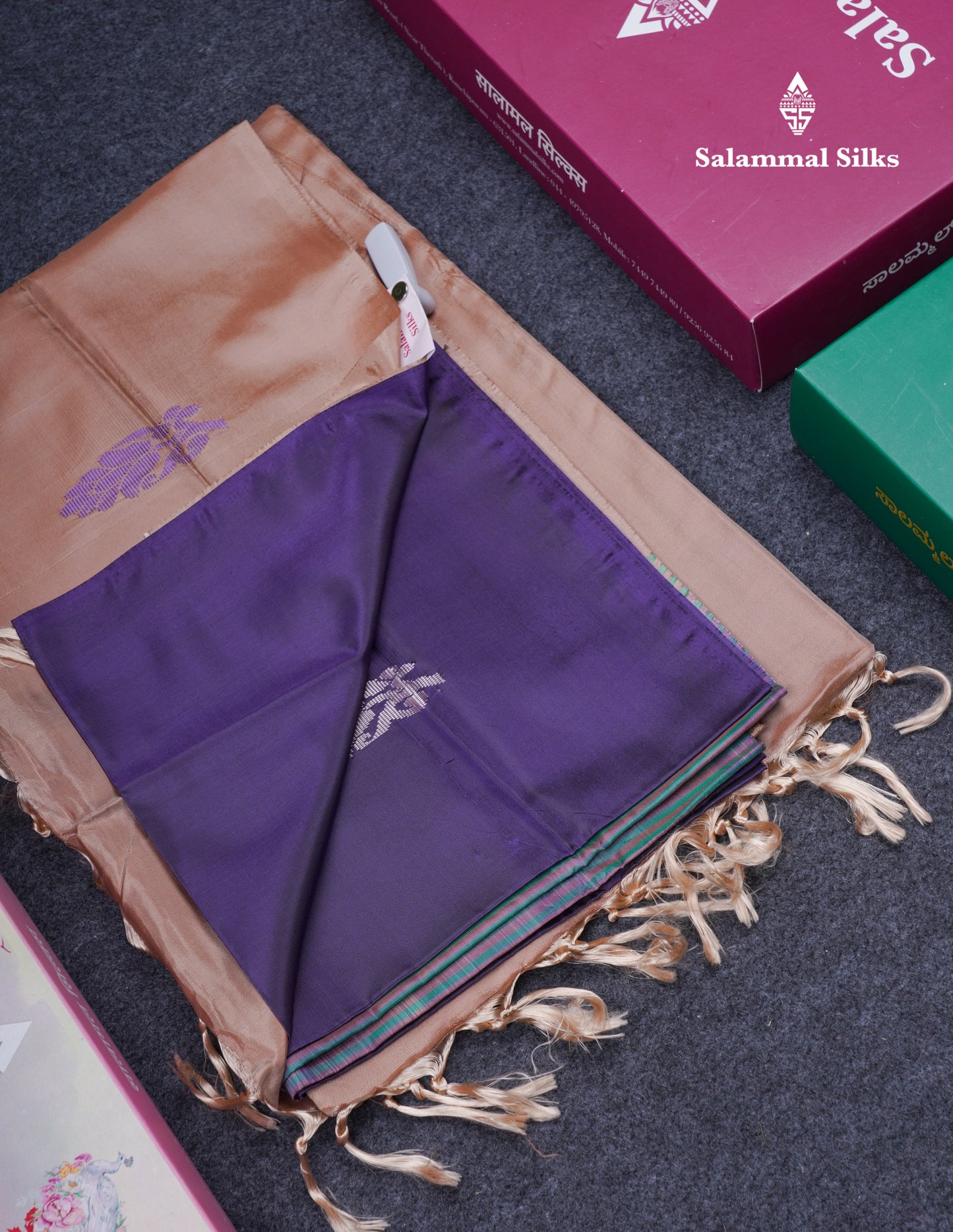 Dark Purple Thread work Buttas Banana Pinth Saree (Vaazhainaar Pattu) With Contrast Chocolate Blouse