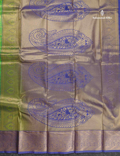 Semi Silk Saree - Green Colour Body With Contrast Dual Tone Navy Blue Blouse