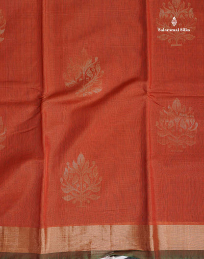SICO Cotton Saree - Peach Colour Body Zari Butta With Bottle Green Blouse