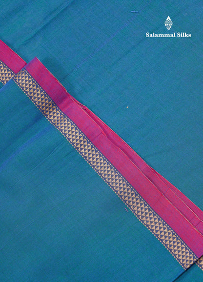 Beautiful Dual Tone Peacock Blue Plain Pure Cotton Saree With Contrast Magenta Traditional Evening Morning Border