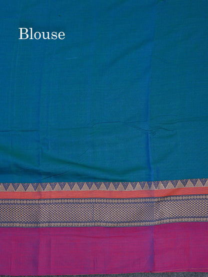 Beautiful Dual Tone Peacock Blue Plain Pure Cotton Saree With Contrast Magenta Traditional Evening Morning Border