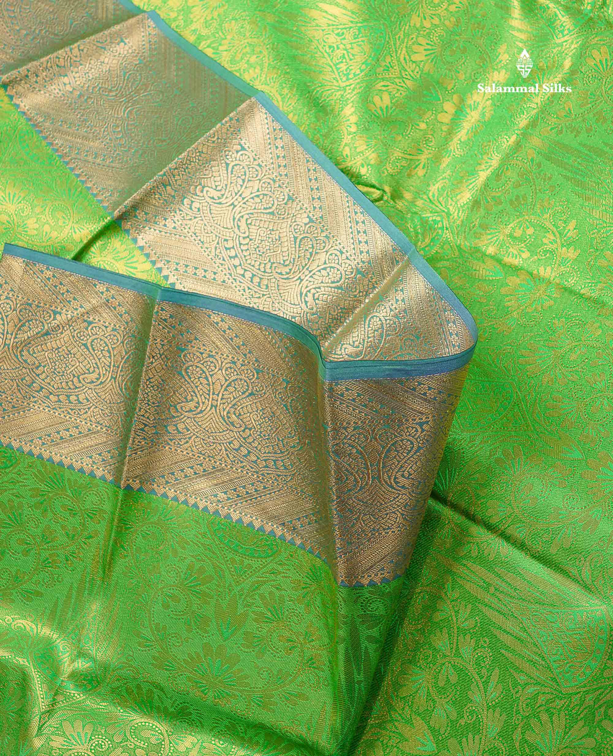 Semi Silk Saree - Green Colour Body With Contrast Dual Tone Navy Blue Blouse