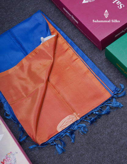 Orange Thread work Buttas Banana Pinth Saree (Vaazhainaar Pattu) With Contrast Royal Blue Blouse