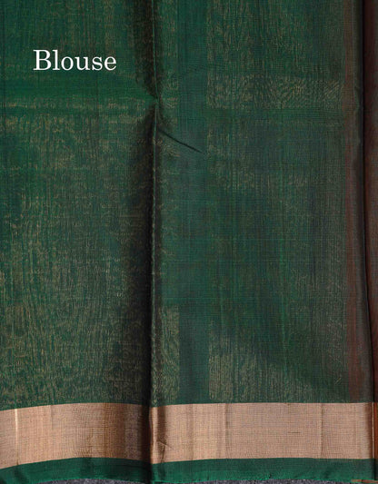 SICO Cotton Saree - Peach Colour Body Zari Butta With Bottle Green Blouse