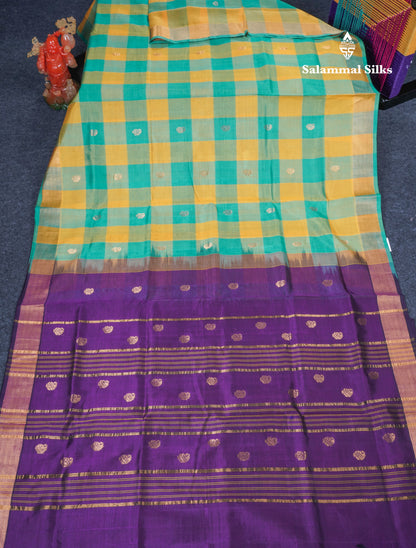 Beautiful Paalum Pazham Checks Handloom Pure Silk Cotton Saree With Tissue Border