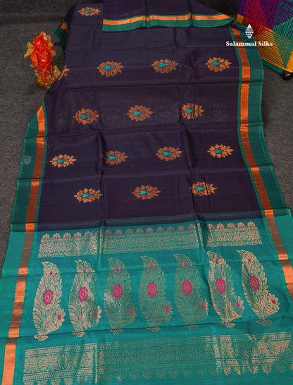 SICO Cotton Saree - Dark Navy Blue Colour Body Zari Butta With Sapphire Green Blouse